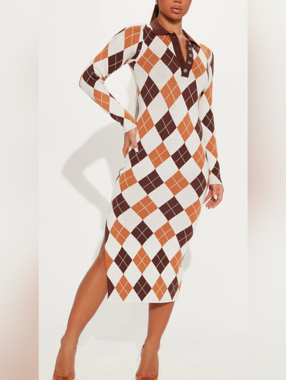 Fashion Nova Brown Orange White Argyle Long Sleeve Midi Dress